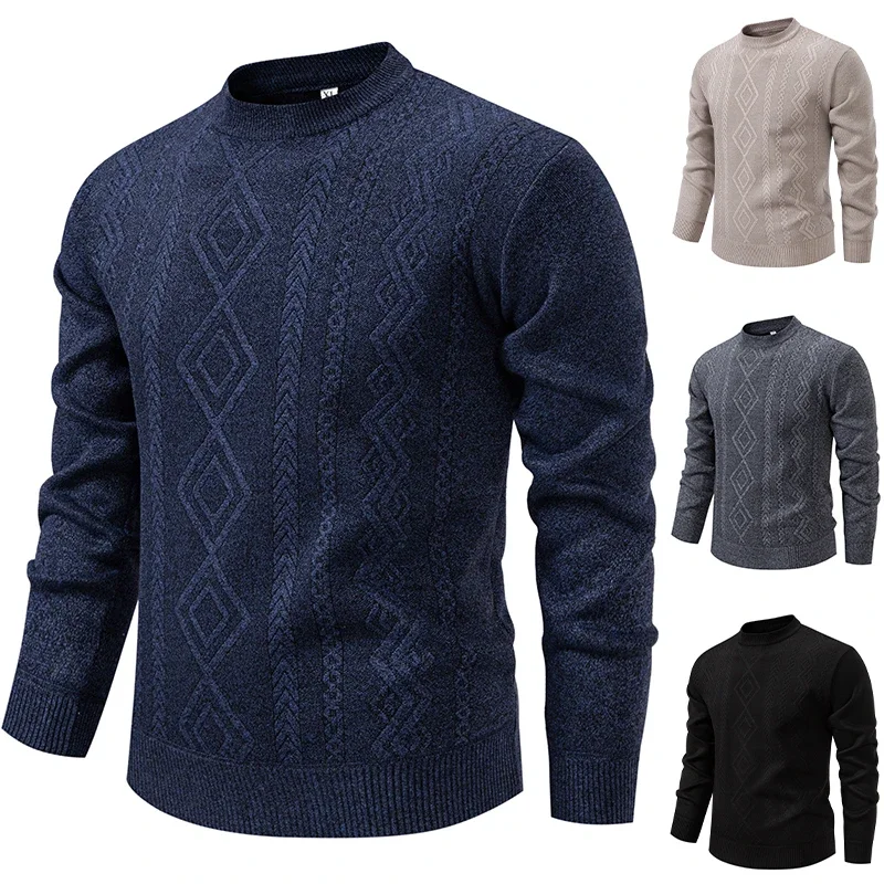 Regular Fit Fleece Lined Male Sweater Vertical Chain Rhombus Jacquard Crew Neck Home Travel Warm Long Sleeve Top