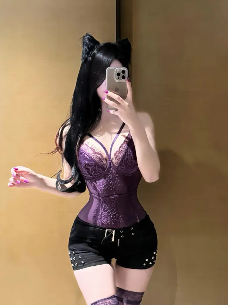 

Sexy Purple Lace Slimming Swimsuit Faionable No Steel Ring Thin Model Matching Eyela Briefs Polyester Fiber