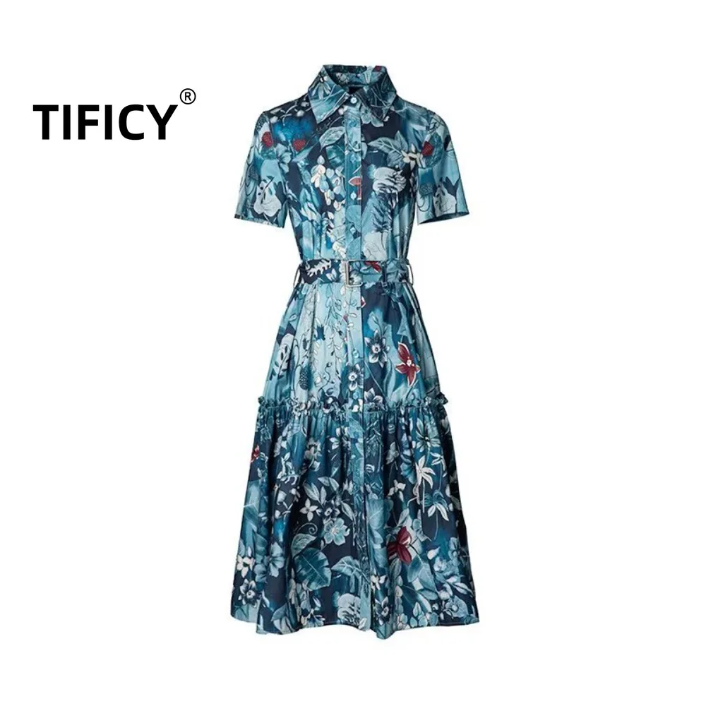

High Street Dresses Women's Summer New Loose and Fashionable Blue Pure Cotton Slimming Positioning Direct Spray Printed Dress