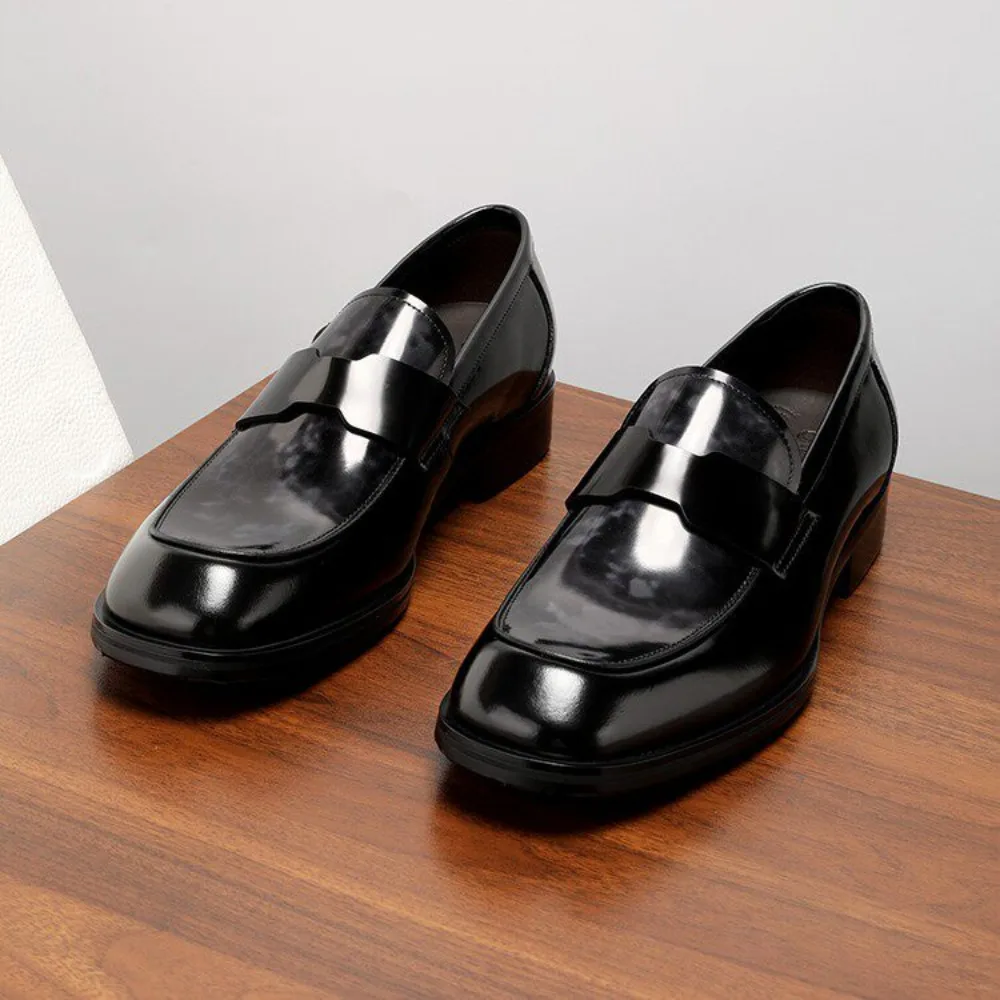 Summer Genuine Calfskin Leather Loafers Men British Style Business Casual Slip on Square Toe Shiny Formal Dress Shoes