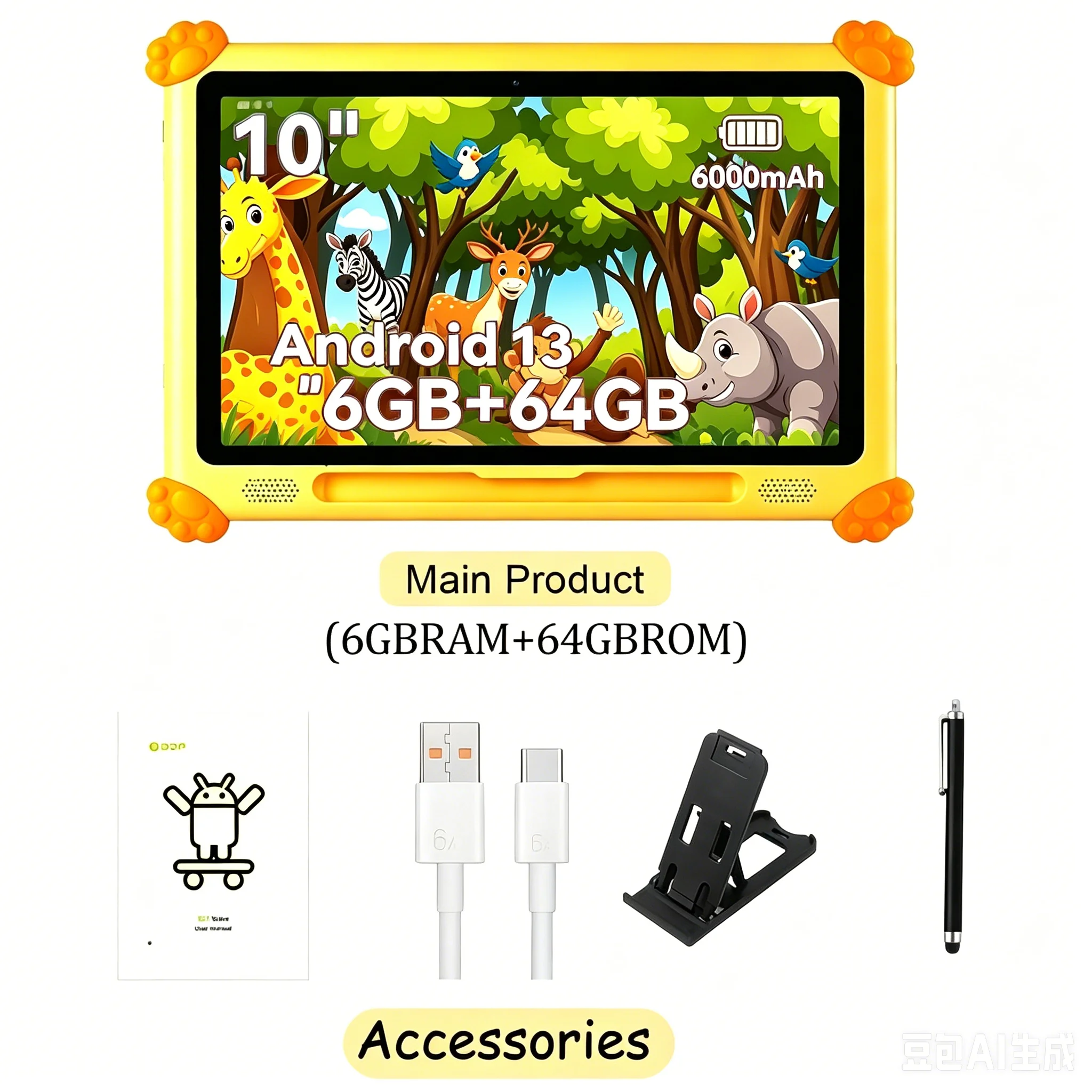 With Bracket and Touch pen10.1-inch Android KidsTablet, 6GB(3+3)RAM+64GB ROM 6000mAh Battery IPS High-Definition Screen1280x800