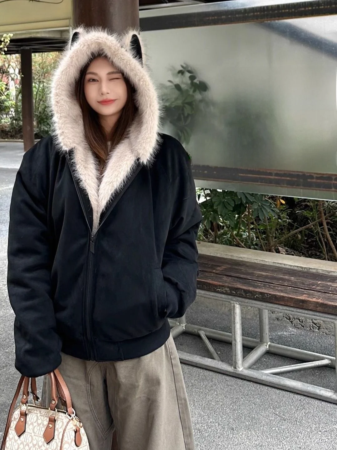 

Thiened Cotton Blend Ear Jaet Women's Casual Sle Long Sve Zipper Closure Coat Unique Design Winter Outerwear