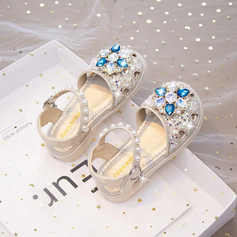 أحذية كاجوال للأطفال صنادل أحذية صيفية من جلد البولي يوريثان للأطفال ترتر كريستالي مسطح قابل للتنفس ومضاد للانزلاق وردي وأزرق مقاس 23-34