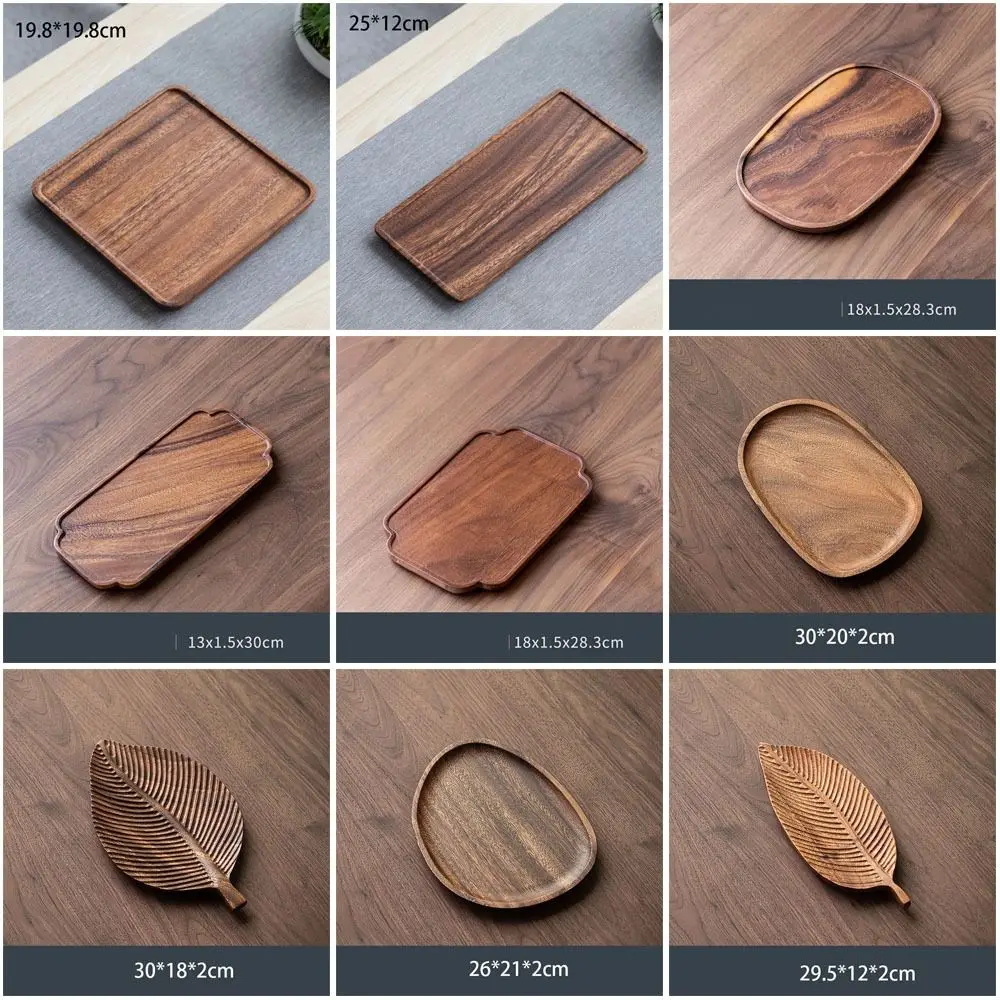 Simple Walnut Tea Tray Wooden Round Serving Platter Tray Leaf Storage Dinner Plates Tea