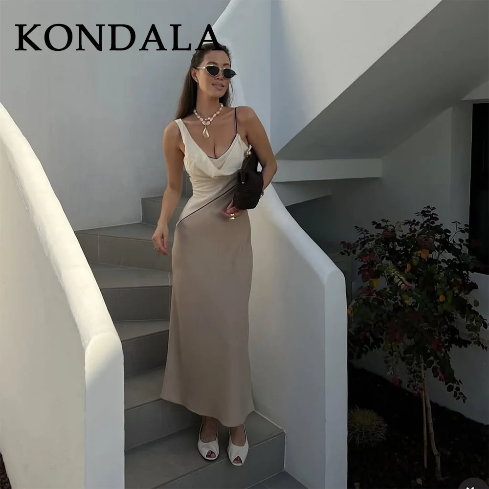 ชุดเดรสผู้หญิง KONDALA 2025 คอลเลคชั่นฤดูใบไม้ผลิ/ฤดูร้อน แบบเซ็กซี่ สายเดี่ยว ตัดต่อผ้า แฟชั่นสำหรับออกงานกลางคืน สีพื้น ซิป ไม่มีสายคล้องไหล่ ไม่มีแขน