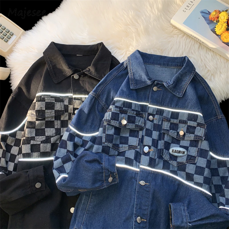 Denim Jackets Plaid Personality Trendy Glow Design Leisure High Street  American Style Daily Teenagers Handsome Advanced 2023