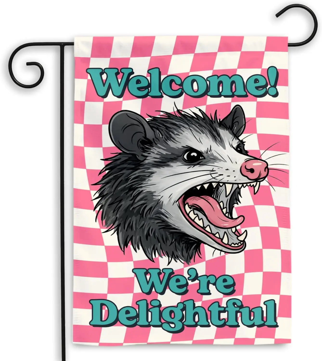 MAIANEY (12x18") Welcome Were Delightful Garden Flag  Funny Opossum Outdoor Yard Flag With Pink Checkered Background,  YYQ GGO