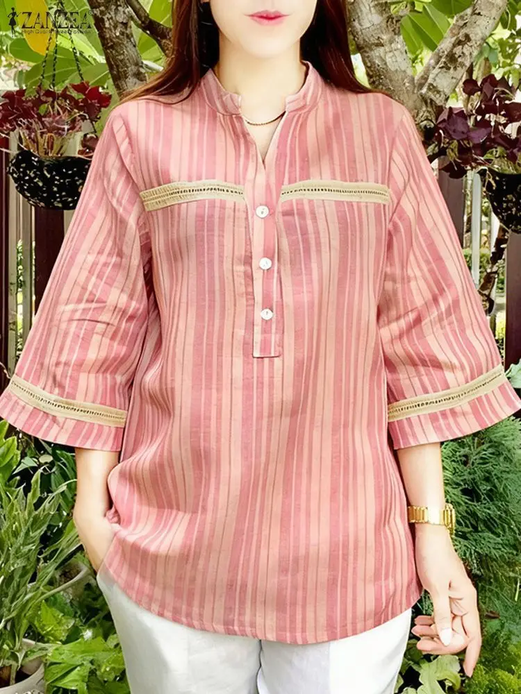 

ZANZEA Women's Lace Patchwork Striped Blouses Casual Stand Collar 3/4 Sleeve Half-Button Loose Tops Autumn Woman Clothes S-3XL