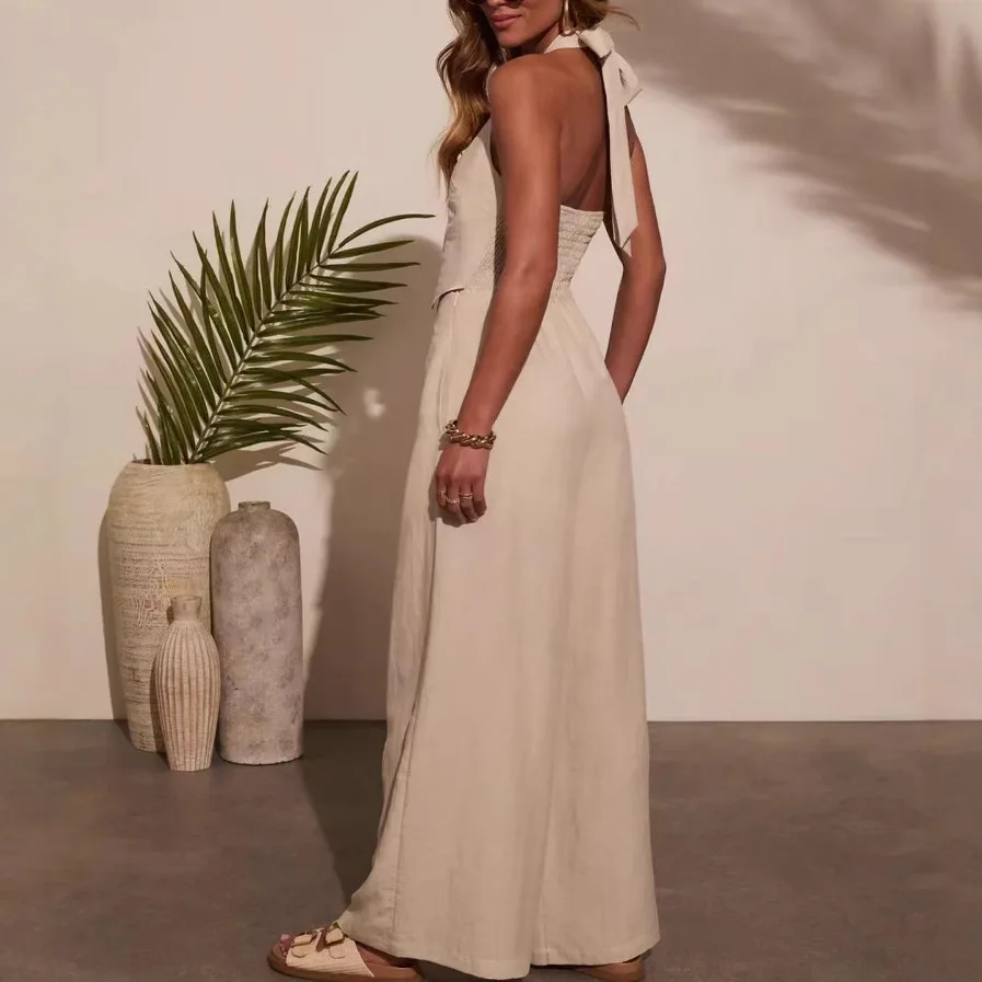 Tren Fashion Wanita Musim Semi/Panas 2025, Jumpsuit Celana Kulot Tanpa Lengan Warna Solid Bahan Linen