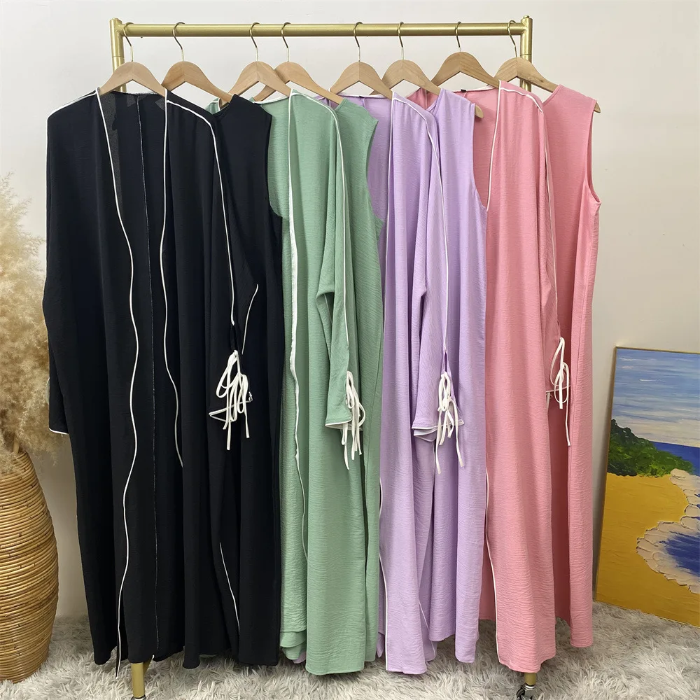 Muslim Set for Women Ramadan Arabic Muslim Modest Dress Bow Kimono Cardigan Dubai Hijab Abaya Islamic Party Outfits Turkey Robe