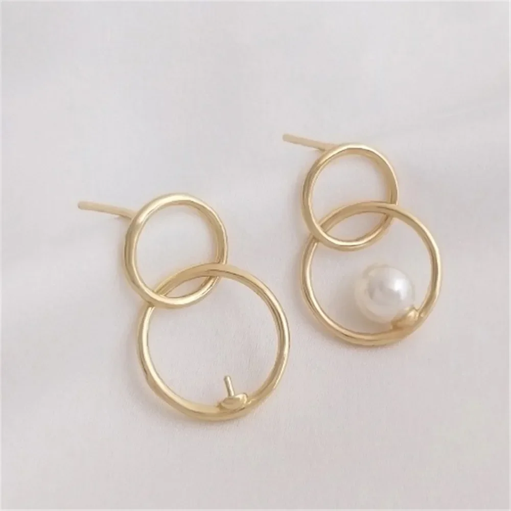 925 Silver Needle 14K Gold-plated Half-hole Beaded Double-ring Earrings Diy Ring Earrings Hand-made Ear Jewelry Materials E260