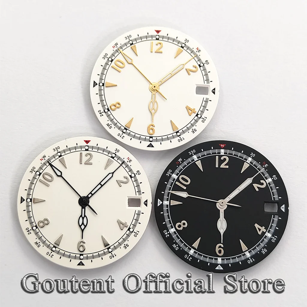 Goutent 28.5mm Sterile Watch Dial Compass Scale Bezel Green Luminous Date Window Multi‑Color Fit NH35 Automatic Movement