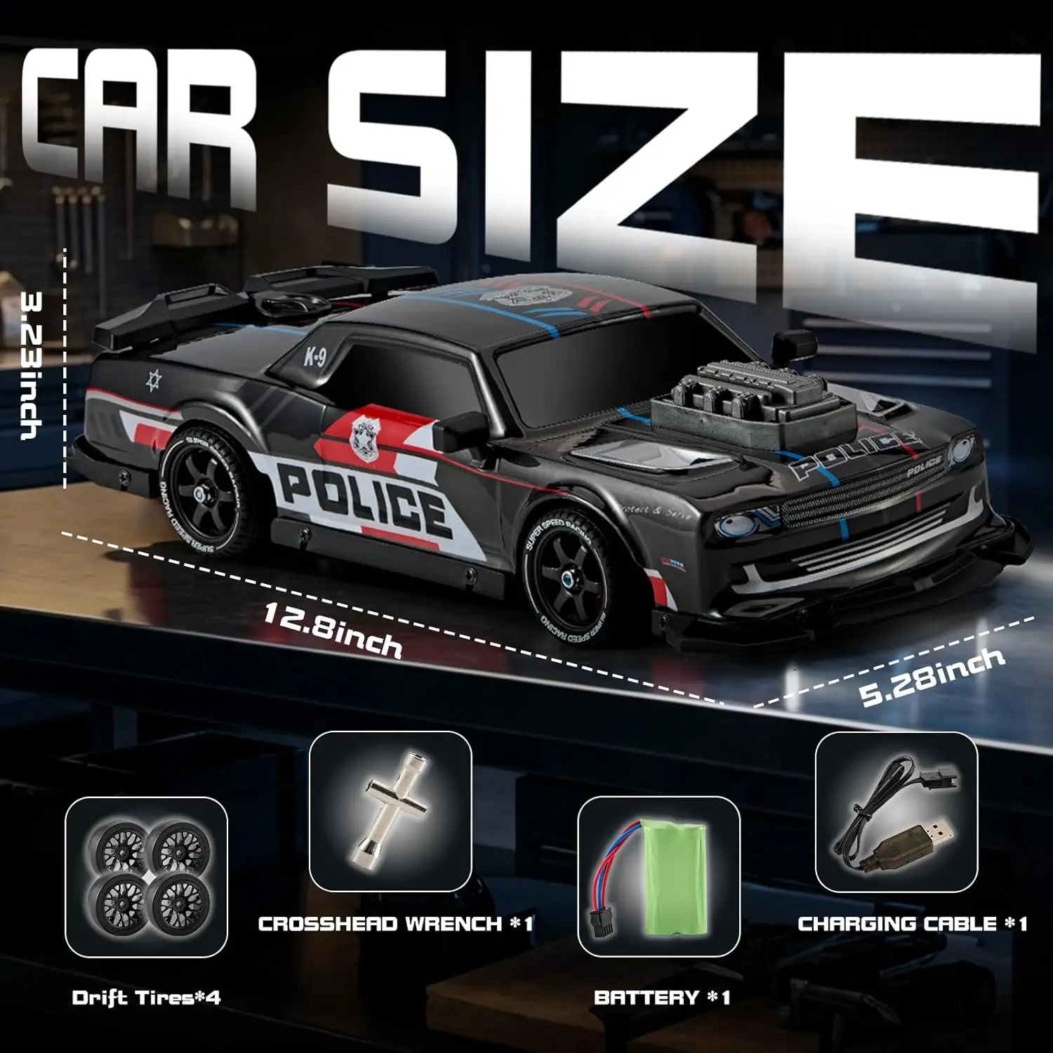 1:16 Scale Remote Control Police Drift Car, 12.8 Inch, with LED Lights, 2 Tire Sets, and Rechargeable Battery