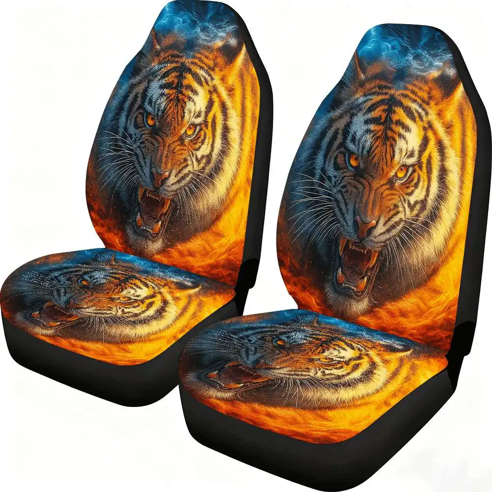 2pcs Fiery Tiger Car Seat Covers - High Back Design, Polyester Material, Suitable For Cars, SUVs, And Trucks, Women'S Car Access