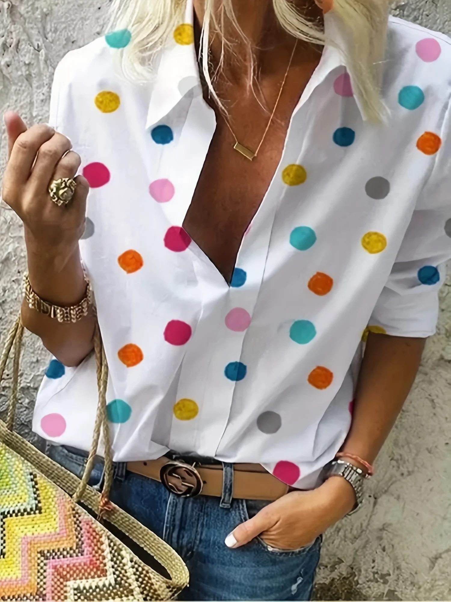 Camisas de manga larga para mujer de talla grande, blusa con botones y lunares multicolores