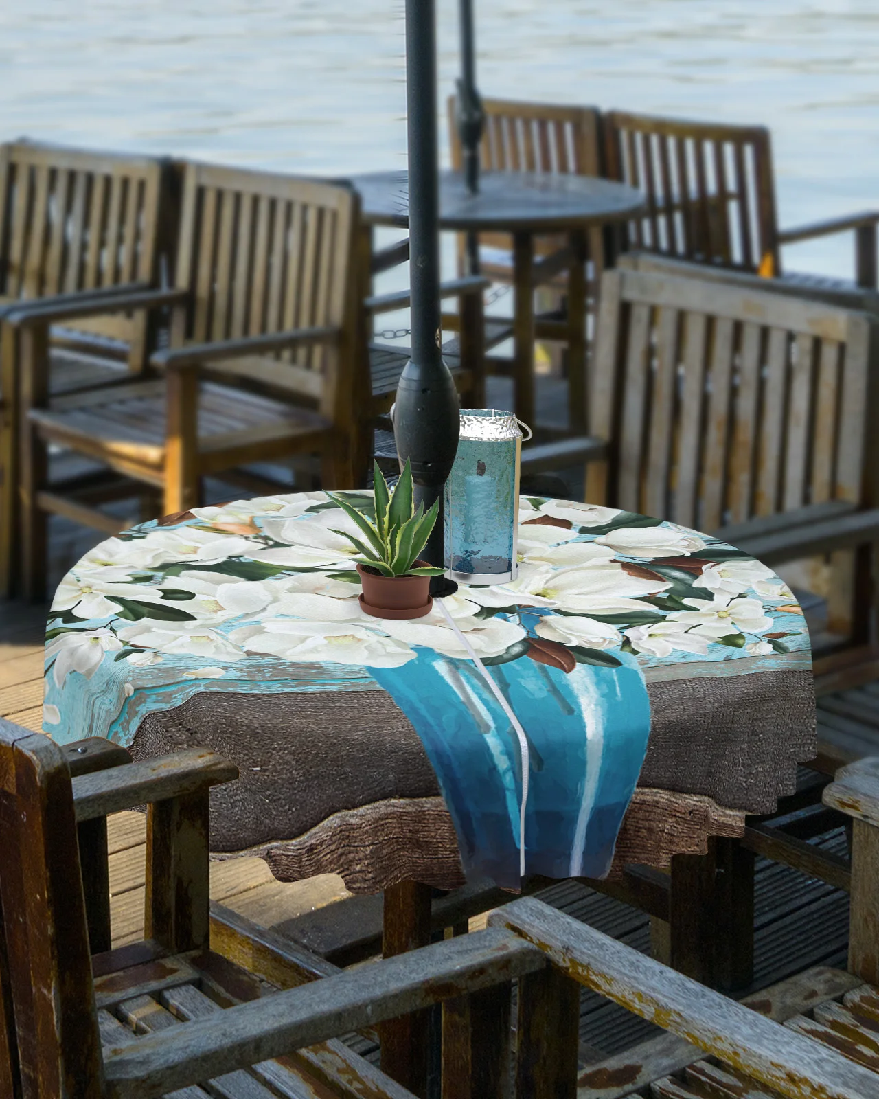 White Magnolia Flower Vintage Wood Grain Outdoor Tablecloth with Umbrella Hole Zippered Waterproof Patio Round Table Cover