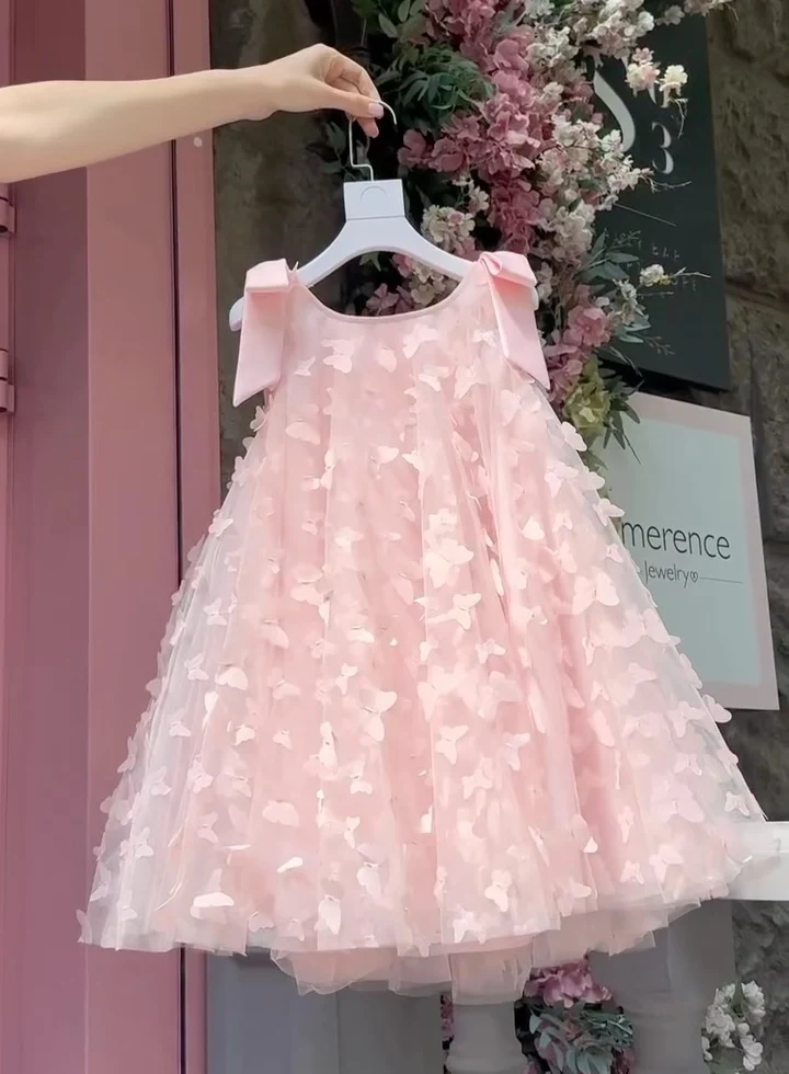 Girls Pink Tulle Butterfly Dress Princess Pageant Party Wedding Flower Girl Dresses Kids Sleeveless Bow Birthday Tutu Gown