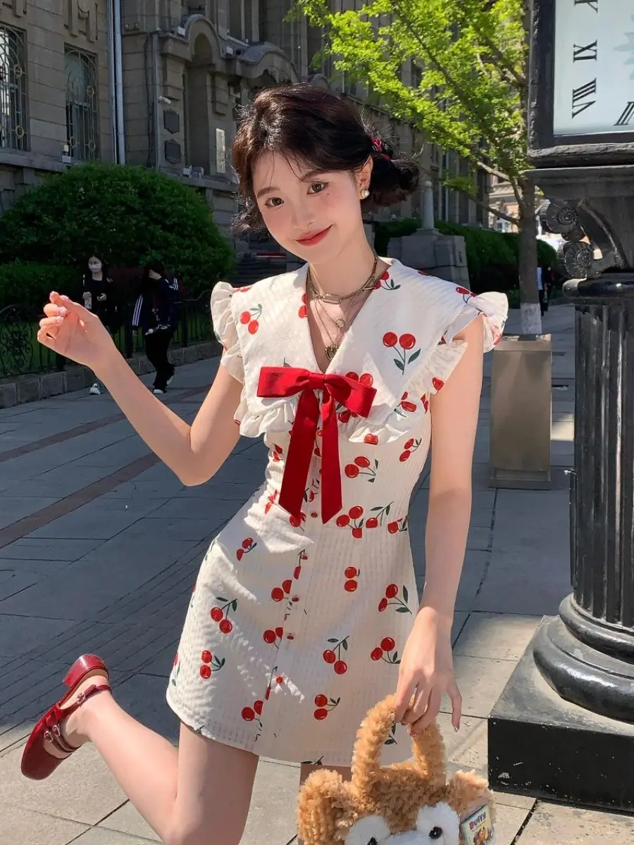 

Summer Print Kawaii Party Mini Dress Women Backless Japanese Sweet Cute Dress Female Lace Korea Princess Lolita Fairy Dress 2024