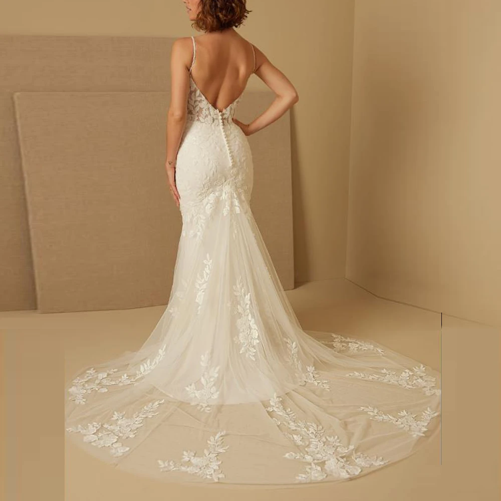 Vestido de casamento bordado de renda personalizado alça espaguete sereia vestidos de novia sem costas espartilho robe de mariée