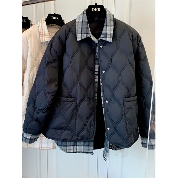 

Slimming Large Size Winter Cotton Jaet Plaid Design Women's Outerwear Durable down Filled Coat Comfortable Loose Fit Sle