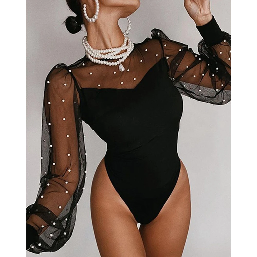 

Women Sheer Mesh Puff Long Sleeve Beaded Slim Bodysuit Fashion Sexy Femme High Waist Jumpsuit Sexy Playsuit Fashion Black Romper