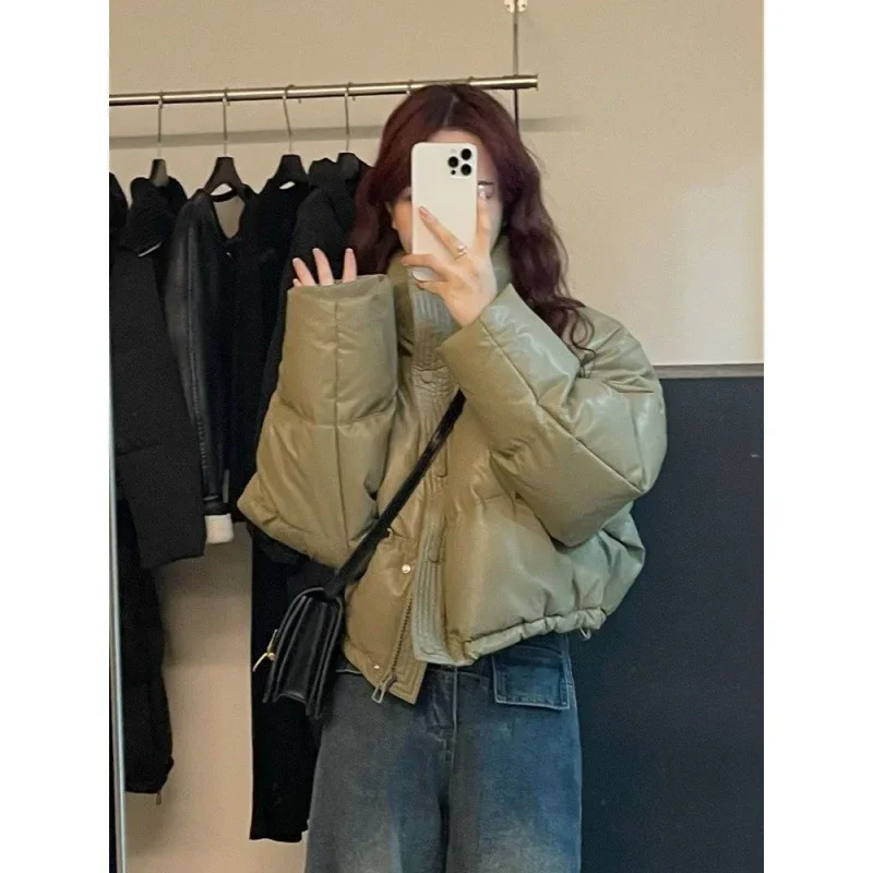 2023 Winter Pu Leather Jacket for Women Streetwear Thick Warm Padded Coat Female Oversized Zipper Crop Outerwear Ladies