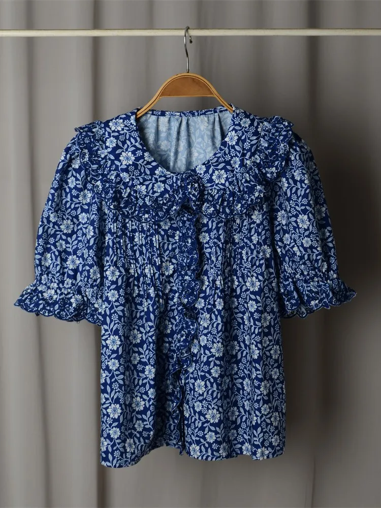 French Floral Print Shirt Ladies Ruffle Peter Pan Collar Puff Sleeve Blouses Holiday Femme Elegant Casual Chemises Top Summer