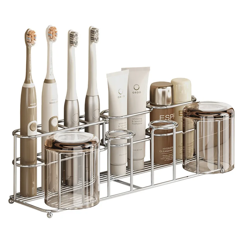 

304 Stainless Steel Toothbrush Holder, No-Drill Wall-Mounted Bathroom Organizer for Toothpaste & Mouthwash Cup Storage
