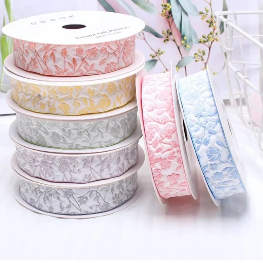 10Yards/Roll Embossed Roses Ribbons Grosgrain Ribbon Gift Wrapping Polyester Ribbon Handmade DIY Bow Wedding Party Home Decor