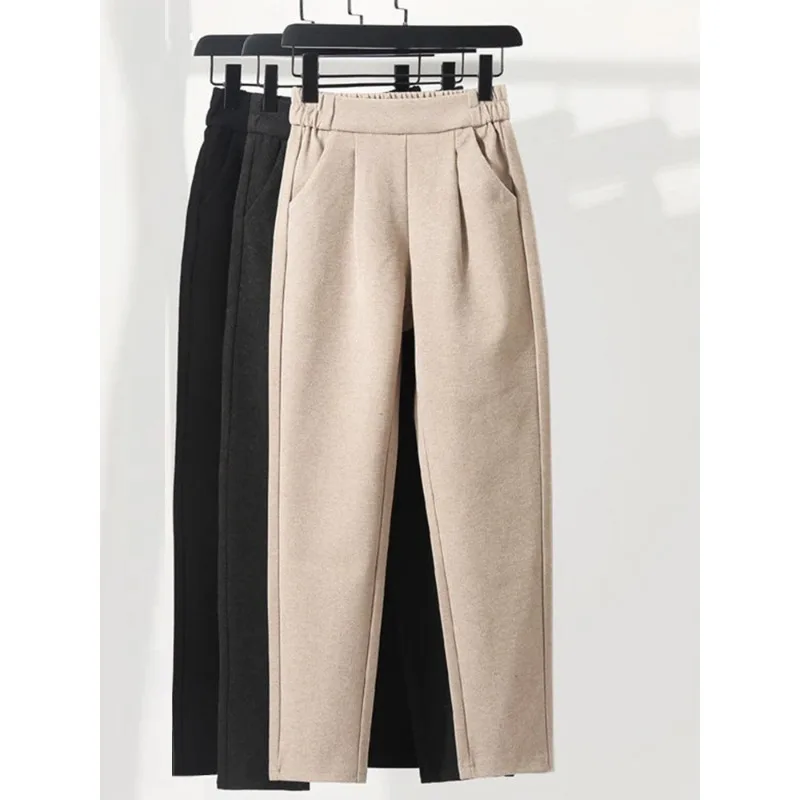 

Woolen Pants Women's Harem Pencil Pants 2023 Autumn Winter High Waist Elastic Korean Style Lady Suit Pants Trousers L07