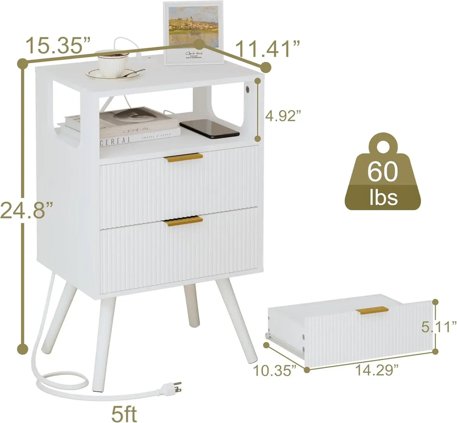 White Nightstand with Charging Station and LED Lights,Modern Bedside Table with 2 Storage Drawer and Open Wood Shelf,