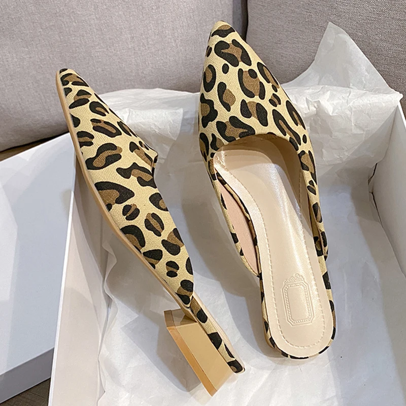 Leopard Mules Shoes For Women Slip On Square Heel Slippers Women 2024 New Luxury Designer PU Leather Slides Elegant Office Shoes