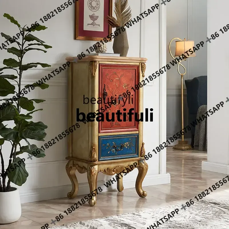 

American-Style Retro Solid Wood Side Cabinet Corner Cabinet European-Style Painted High-Leg Chest of Drawers Living Room Locker