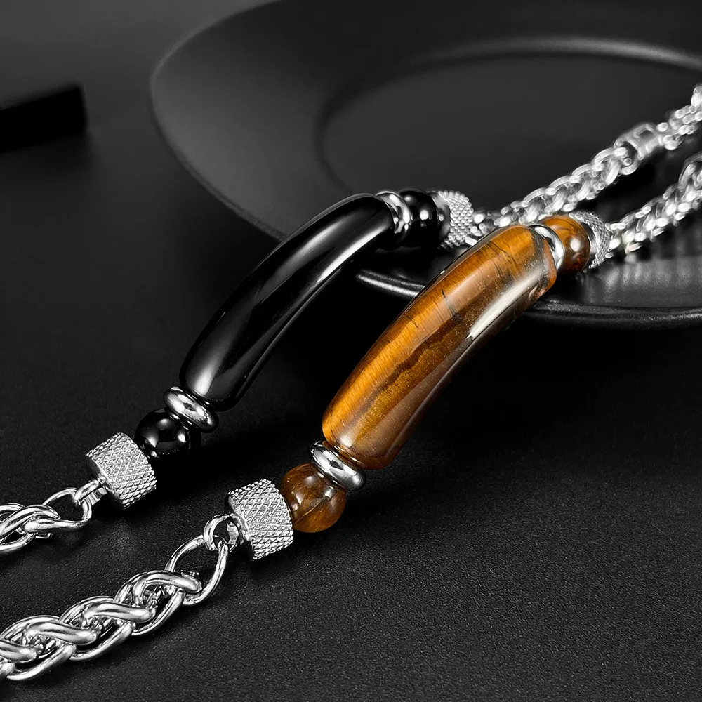 2 Colors Stainless Steel Cuban Chain Bracelet Men Adjustable Unfading Tiger Eyes Obsidian Stone Braslet Cool Riding Accessories