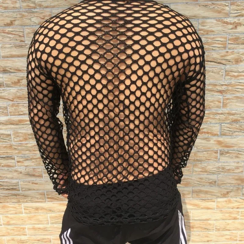Sexy Hollow Out Black T Shirt for Men Long Sleeve Party Club Mesh T-shirts Casual Streetwear Slim Fit Top Tees Men\'s Clothing