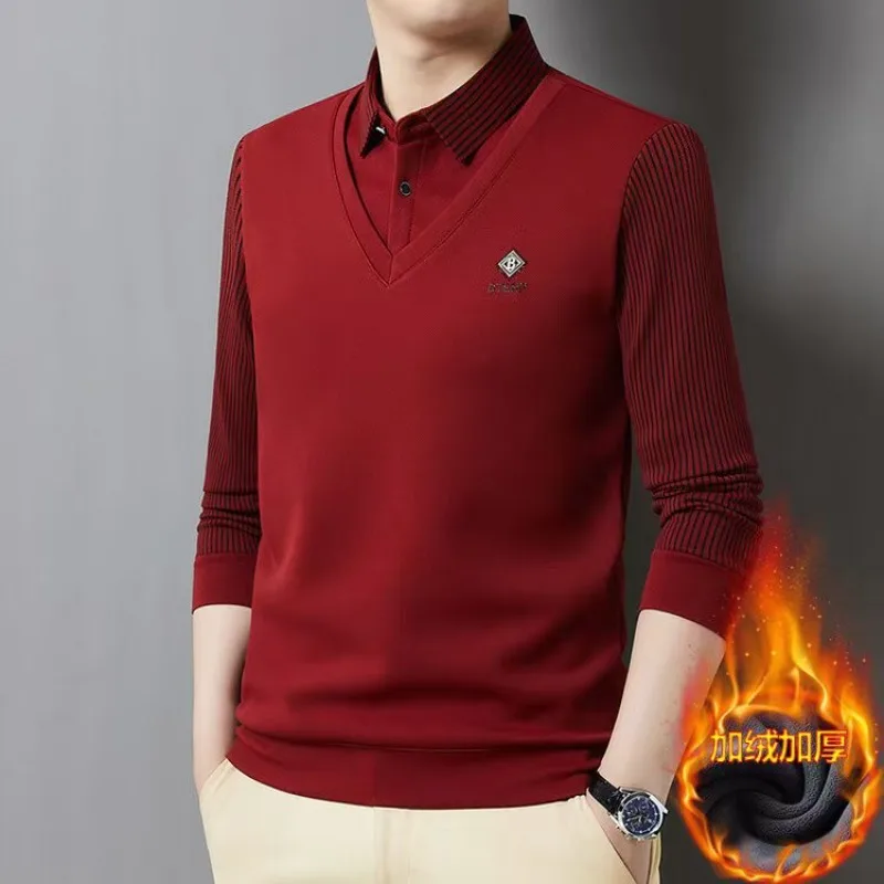 

Autumn Winter Men's Polo Collar Pullover Striped Fleece Thick Slim Fit Tops Fake Two Pieces Knitwear Business Causal Sweaters