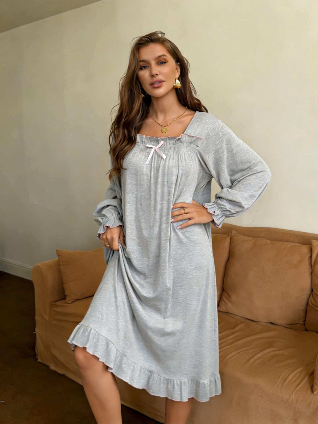 

Women's Spring Nightgown Breathable Modal Square Neck Bow Dress Casual Loose Sleepwear Homewear Pajamas Plus Size Nightdress