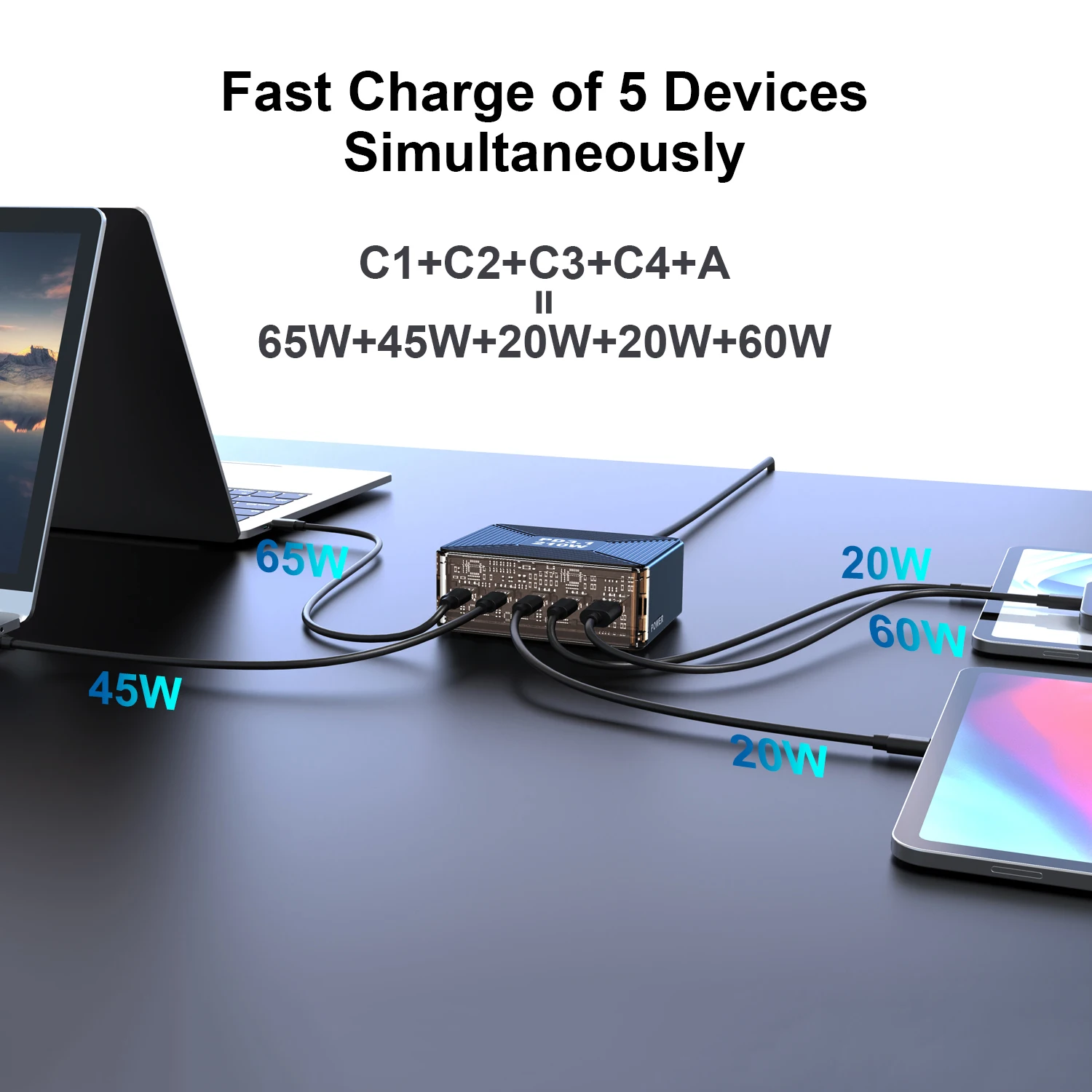 شاحن USB C 210 وات، GaN PD3.1 140 وات 100 وات PPS محطة شحن سريعة من النوع C محول طاقة للكمبيوتر المحمول MacBook Samsung S23 iPhone 15