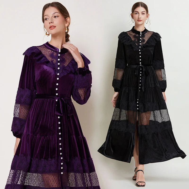 Palace Style Dress Women's French 2025 Retro Fashion Stand Up Collar Pearl Single Breasted Lace Patchwork Velvet Long Skirt