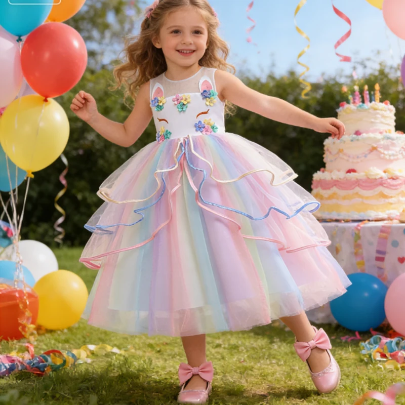 

Карнавальное платье для косплея с единорогом для девочек, детский костюм принцессы на день рождения, свадебный рождественский наряд без рукавов, одежда для девочек