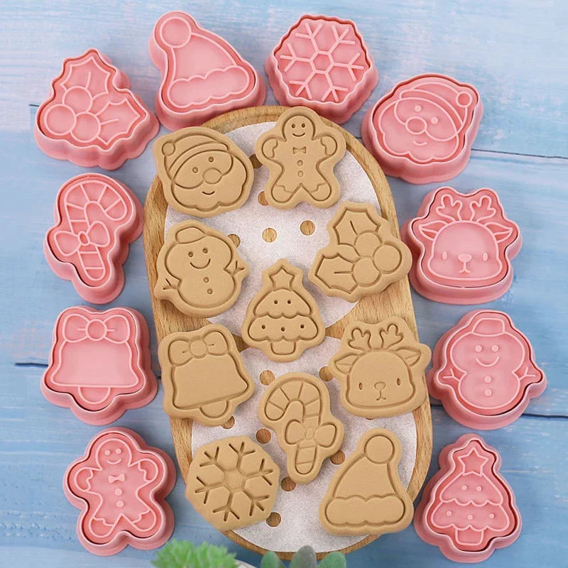 10pcs/set Christmas Cookie Cutters Cartoon Santa Snowman Tree Elk Shape Biscuit Mould Cookie Stamp Kitchen Baking Pastry Mold