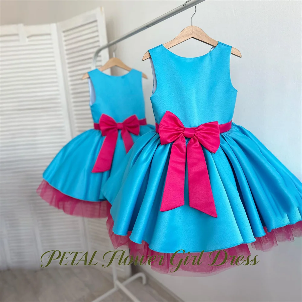 Petal Bright Cyan Children Birthday Wedding Dresses Sleeveless Round Neck First Communion Gown with Bow Girls Princess Dress