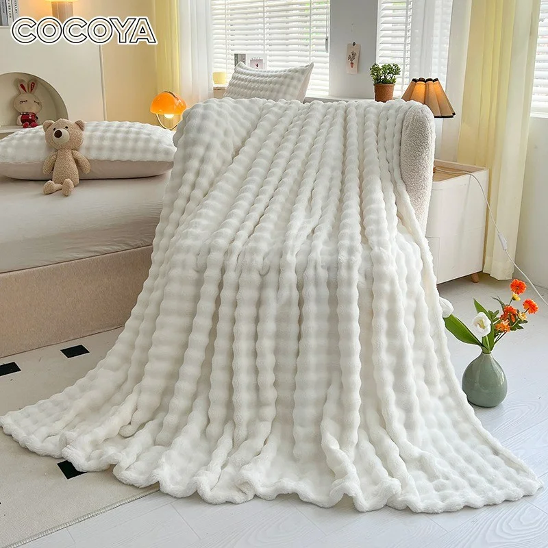 

Solid Color Faux Fur Throw Blanket Coral Fleece Flannel Plaid Thin Blankets for Beds Bubble Shaped Plush Sofa Cover Bed Sheet