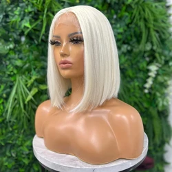 #60 Platinum Lace Front Wig White Blonde Straight Short Bob Wig Synthetic Hair Transparent Lace Frontal Wigs Preplucked