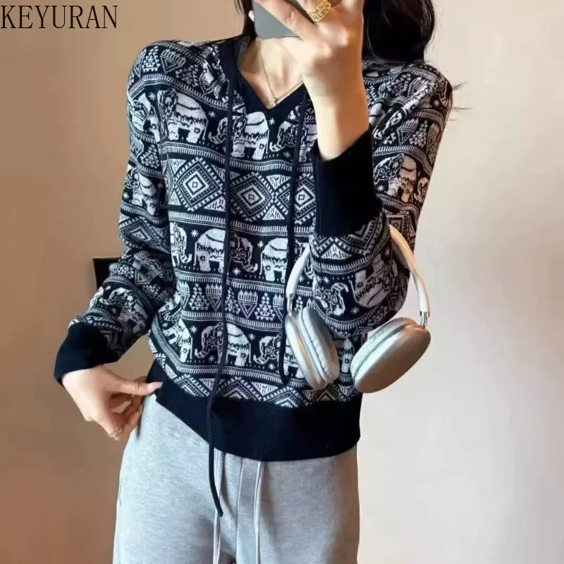

Vintage Pattern Color Block Knit Pullover Women's Sweater Long Sleeve Casual Loose Hooded Versatile Knitwear Tops Ladies Jumpers