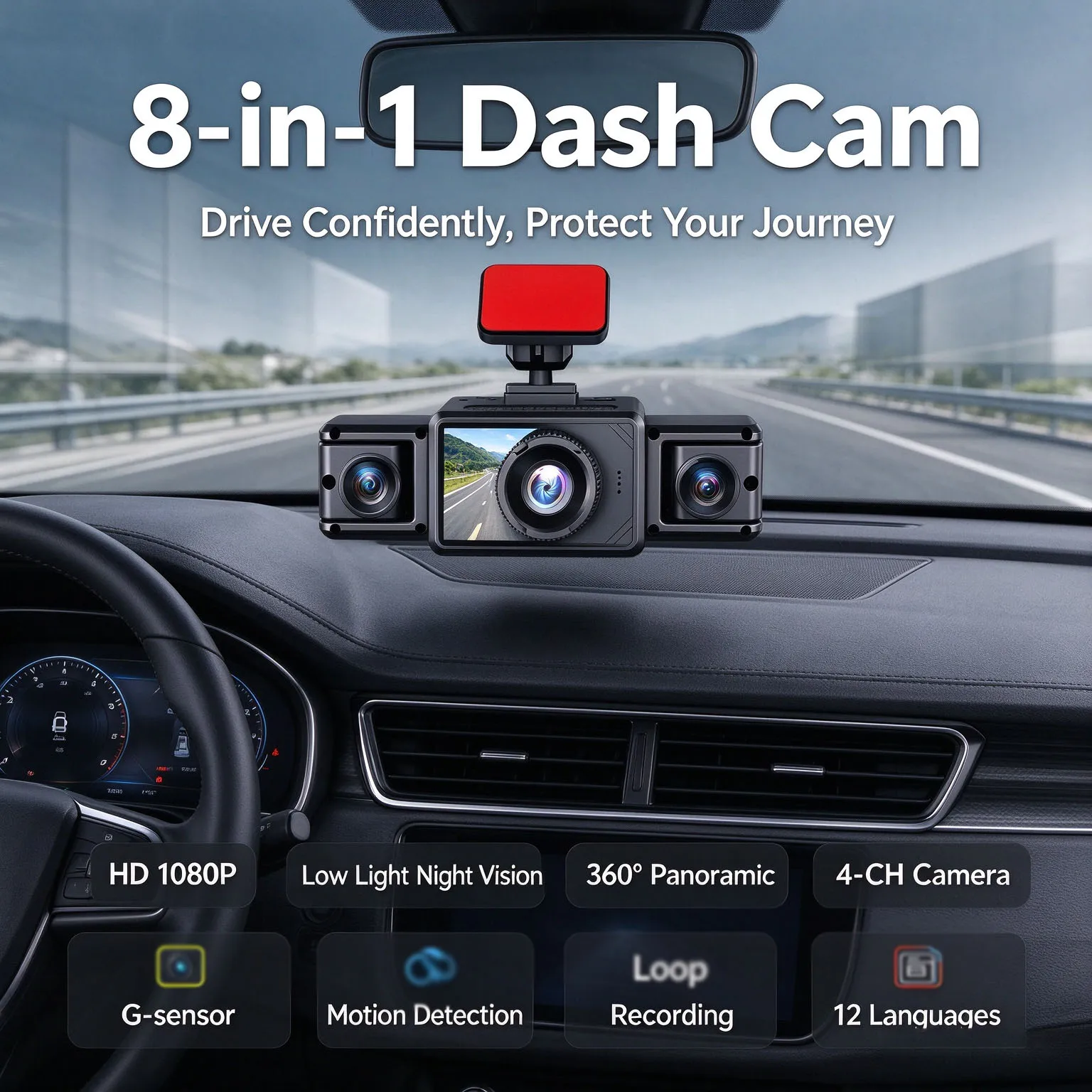 360° 4-Lens For Dashcam Full For & Loop Recording Car For Dash Camera Rear Camera For Night Vison 360° 4-Lens For