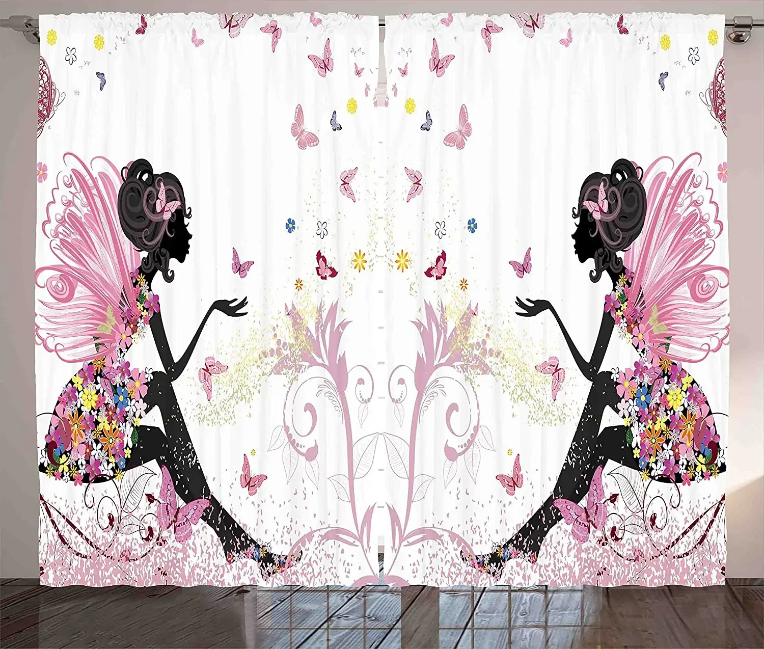 Girls Blackout Curtains Fairy Girl with Wings in a Floral Dress Magical Fantasy Garden Flying Butterflies Window Curtain