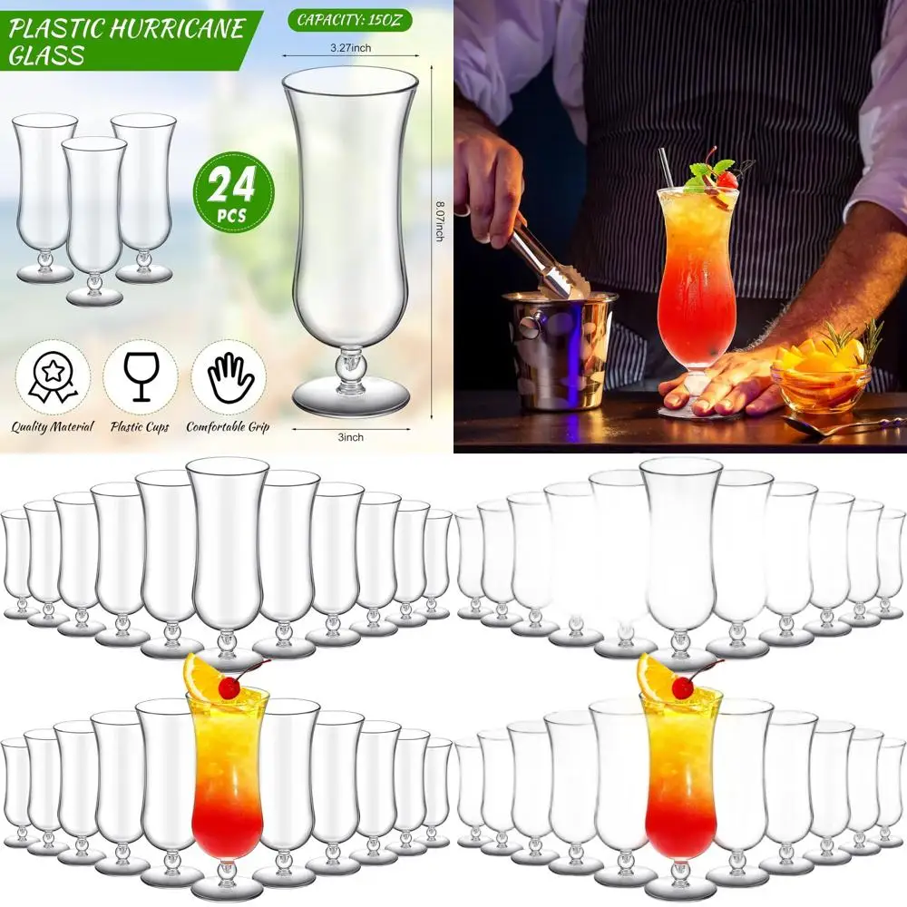 

24 Pack 15 oz Clear Shatterproof Plastic Hurricane Glasses, Ideal for Pina Coladas, Cocktails, Milkshakes, and More