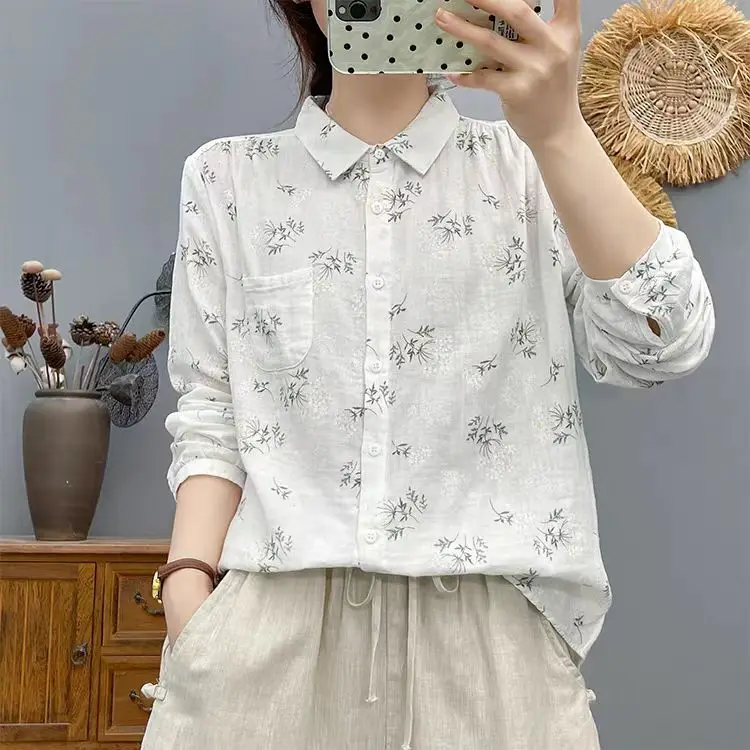 Casual Loose Women's Cotton irt Floral Print Turn-down Collar Long Sve Top Trendy Base Layer Loose Fit Autumn Faion