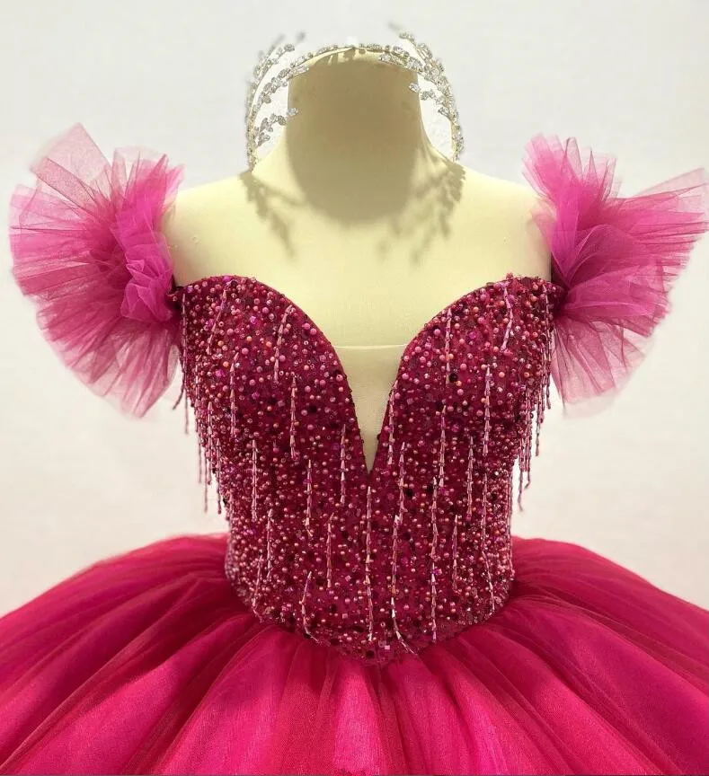 Model Burgundy Pink Fuchsia Princess Quinceanera Dresses Off Shoulder Tutu Pearls Lace-up Corset vestidos de 15 quinceañera 2025